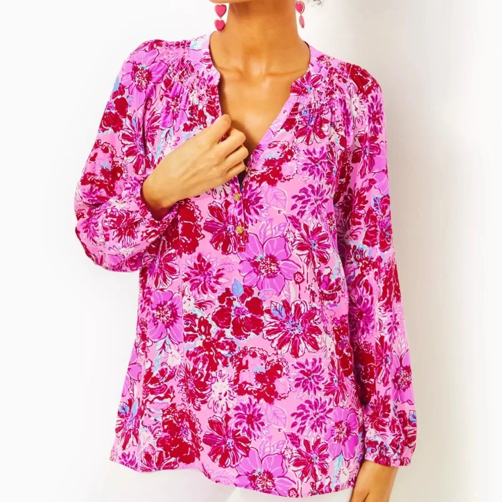 Lilly Pulitzer Elsa Silk Top Lilac Thistle In The Wild Flowers SIZE Large